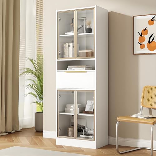 Vitrina Alta Blanca Moderna Con Luces LED Y Cajones, LED De 16 Colores Y Bluetooth – 60×35×180 Cm – Vitrina Con Frente De Cristal Y Cajón