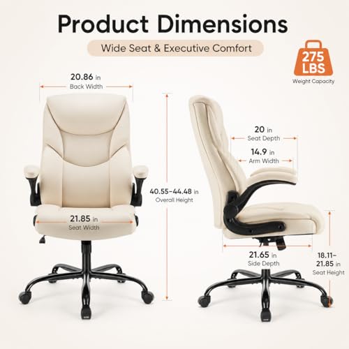 Image of Ergonomic PU Leather Office Chair - Executive Computer Desk Chair with Lumbar Support & Wide Seat, Adjustable Height Task Chair with 360 Swivel & Quiet Wheels for Home Office, Gaming, White