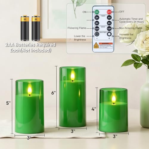 Image of Raycare Battery Operated Flameless Pillar Candles with Remote Timer, Green | LED Acrylic Candle with Festive Glow for Christmas Trees, Holiday Tables, Seasonal Parties, Family Gathering Gift, Set of 3
