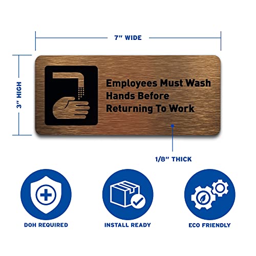 Employees Must Wash Hands Sign - ADA Compliant, with Raised Icons and Lettering- Includes Adhesive Strips for Easy Installation - Restroom Signs for Business - 7"W x 3"H (Brushed Bronze)