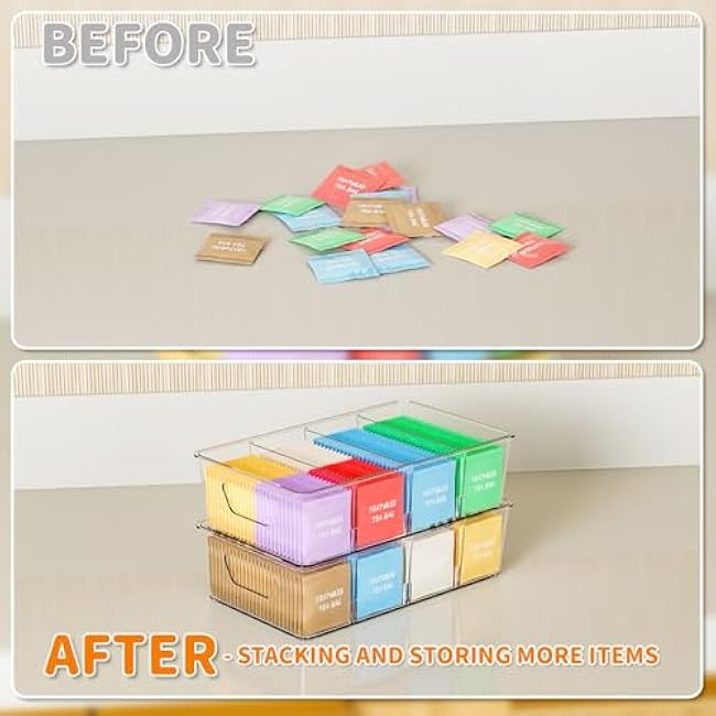 Stackable 6 Pack Snack Organizer for Pantry Shelf,Clear Pantry Organizers and Storage Bins for Fridge,Office,Cupboard,Plastic Pantry Snack Organizer For Breast Milk,Tea Bag,Food Storage Containers