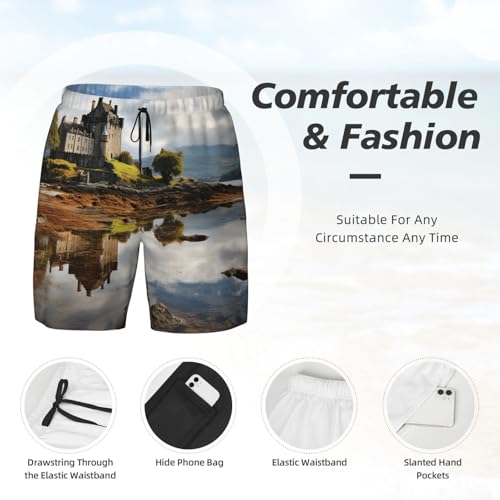 Men's Swim Trunks Quick Dry Board Shorts Scotland Castle Water Lake Scottish Beach Shorts with Pocket Bathing Suits for Men4