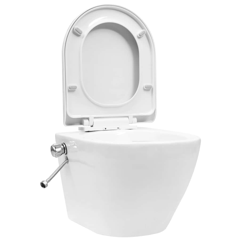 WC mural sans bord de chasse d'eau avec fonction bidet en céramique - Blanc - Système d'abaissement automatique - Fixation dissimulée