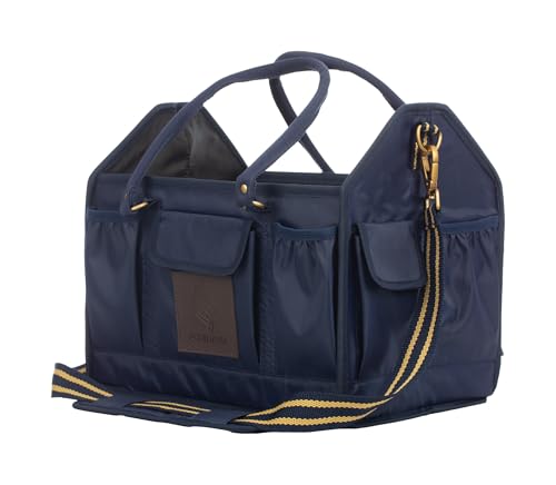 Equinavia Darby Large Collapsible Grooming Tote Bag for Horses Dogs Cats | Organizer with Shoulder Strap | 9 x 13 x 12 - Navy/Gold - One Size