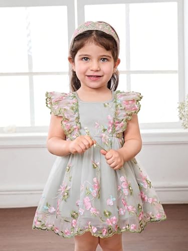 Image of Tagas Girls' Knee-Length Dress|Elegant Floral Embroidered Baby Girl Party Dress with Bow|Soft Net Layered Frock for Birthday, Wedding & Festive Occasions|Comfortable & Stylish