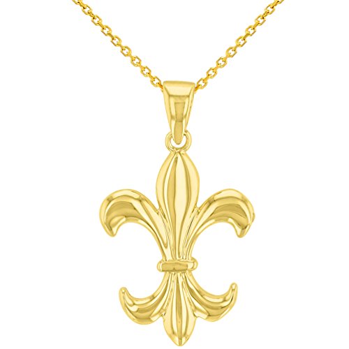 Solid 14K Yellow Gold Simple Fleur de Lis Charm Pendant Necklace