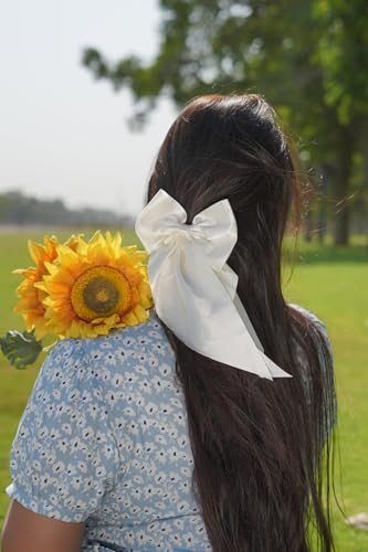 Image of 2 Pack Black and Off White Hair Bows - Bow Clips for Women and Girls - Luxury Silky Satin Barette Hair Clip - Cute Hair Accessories