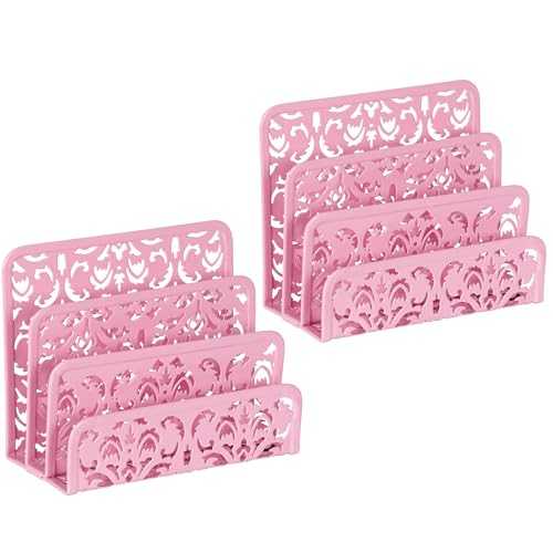 EasyPAG Mail Organizer Countertop 2pc Desk Mail Sorter for Envelope 3-Slot Vertical Letter Holder for Office, Home, School, Pink