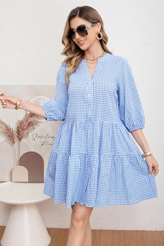 Image of utcoco Women's 2026 Spring Summer Plaid Shirt Dress 3 /4 Puff Sleeve Button Down Loose Casual Midi Dress with Pockets