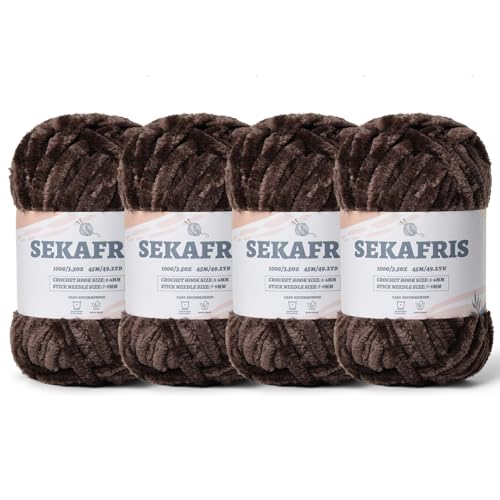 Image of Chenille Velvet Soft Yarn Coffee 4 Pack | 400g /196.8yds Fuzzy Chunky Chenille Yarn for Crocheting Plush Yarn for Hand Knitting Amigurumi Fluffy Yarn