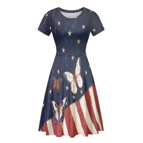 Image of HUGS IDEA Womens Puffy Swing Midi Dress Round Neck Short Sleeve Party A-Line Dresses