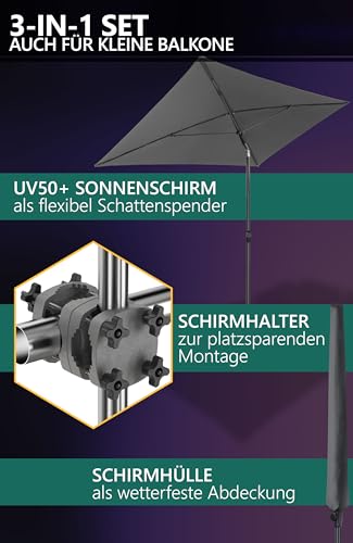4smile Sonnenschirm Balkon SunnyShade 3-in-1 SET in Anthrazit - UPF 50+ Sonnenschirm rechteckig 200 x 125 cm + Sonnenschirmhalter Balkongeländer + Sonnenschirmhülle 6