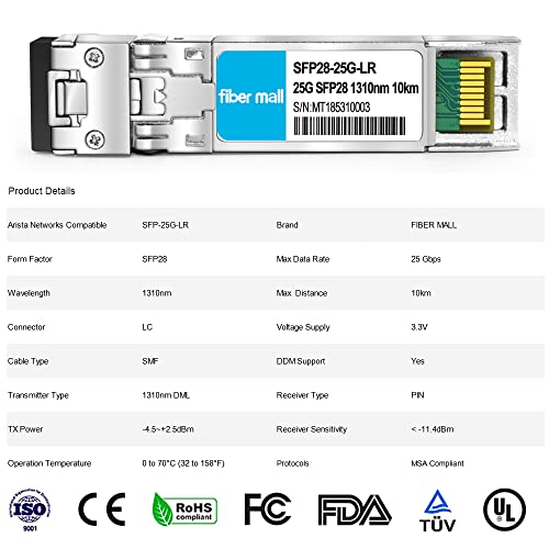Image of 25G SFP28 LR for Arista Networks SFP-25G-LR 25GBASE-LR SFP28 1310nm 10km DOM LC SMF Optical Transceiver Module