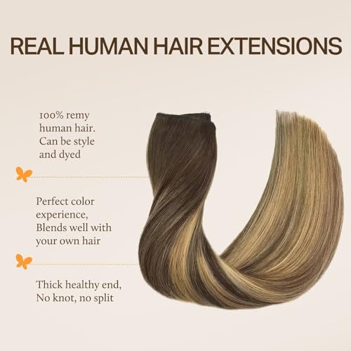 Image of DOORES Wire Hair Extensions, Balayage Chocolate Brown to Caramel Blonde 20 Inch 110g Fish Line Weft Extensions and 2pcs 30g Clip ins, 100g Invisible Wire Real Human Weft Seamless Hairpiece