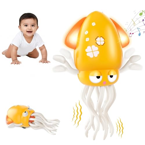 Image of Kidology Dancing Octopus Tummy Time Toy for Babies - Squid Toys | Musical Crawling Baby Toy with LED Lights | Supports First Crawl to Toddler Play | Sensory Interactive Gift for Boys & Girls - Yellow