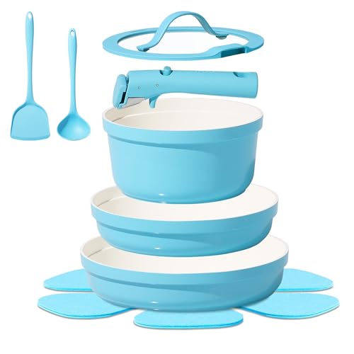 Image of CAROTE 9pcs Pots and Pans Set,Ceramic Cookware Sets Non Stick with Detachable Handle, Induction Kitchen Pots and Pans,RV Cooking Set, Oven/Dishwasher/Fridge Safe, Space Saving