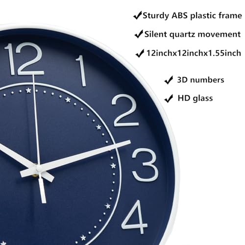 Image of HZDHCLH 10 Inch Modern Wall Clock Battery Operated Silent Non Ticking | for Living Room Bedroom Kitchen Office School Classroom Decor (Navy Blue)