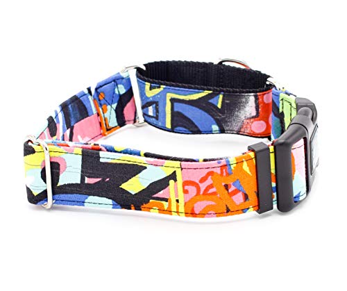 Graffiti Dog Collar 1 - 2 Width Buckle & Martingale Street Tag Pop Art Dog Collar (Martingale w Buckle Collar, L - 1.5 Width)