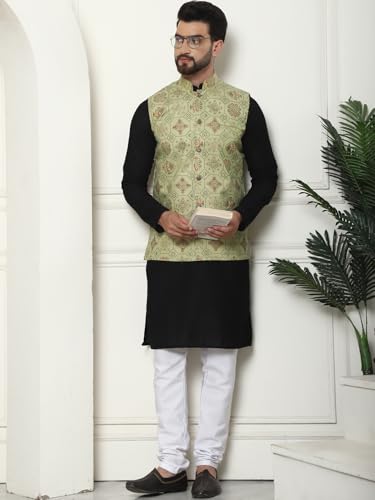 Image of SOJANYA (Since 1958 Men's Cotton Linen Maroon Kurta and White Pyjama with Mustard Cotton Nehru Jacket
