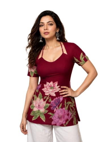 Image of Women's Floral Laila Cut Short Kurti Cotton V-Neck with Lining, Lightweight Short Sleeve Tunic, Breathable, Casual & Office Wear