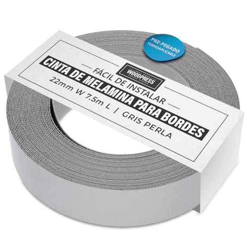 Woodpress 22mm Ribete De Melamina Gris, Cinta De Chapa Pre-Pegada - Rollo De 7,5m - Hierro Para Una Fácil Aplicación De Bricolaje Cubrirá El Borde De Un Panel Estándar De Mdf