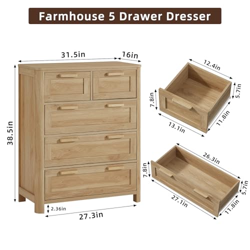 Image of Joaxswe Farmhouse 5 Drawer Dresser for Bedroom, Vertical Dressers Chest of Drawers with 5 Deep Drawers & 4 Thickened Table Legs, Natural Wood