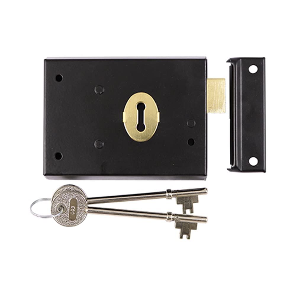 Taurus Black Rim Surface Mounted Deadlock Traditional Reversible 4X3 Inch Suits Timber Doors Gates And Outbuildings Inc Fixings