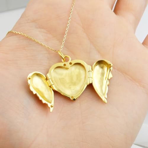 14K Gold Angel Wing Urn Necklace for Ashes that Hold Picture, 10K 14K 18K Real Gold Heart Cremation Necklace with Photo Locket, Custom Personalized Keepsake Necklace for Women Mom3