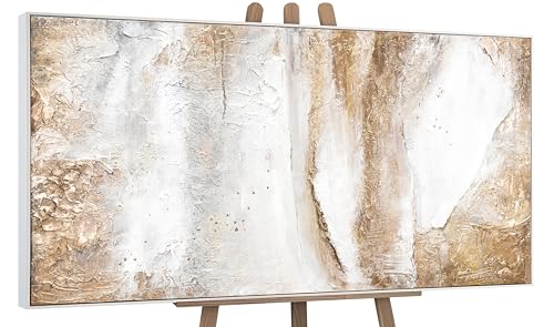 Peinture moderne faite main texturée beige clair et lignes dorées avec cadre
