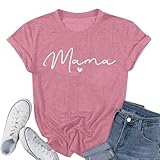 Mama Shirt for Women Mama Letter Print T-Shirt Funny Graphic Tees Casual Short Sleeve Mom Life Tops Tee Pink