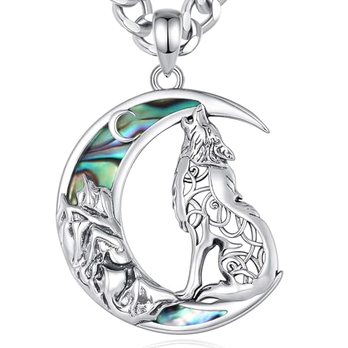 INFUSEU Celtic Wolf Collar De Plata De Ley 925 Luna De Concha Abulón Colgante Celta Nudo De Joyería para Las Mujeres Amante De Los Animales Espíritu Colgante Talismán Regalos para Mujeres Ella