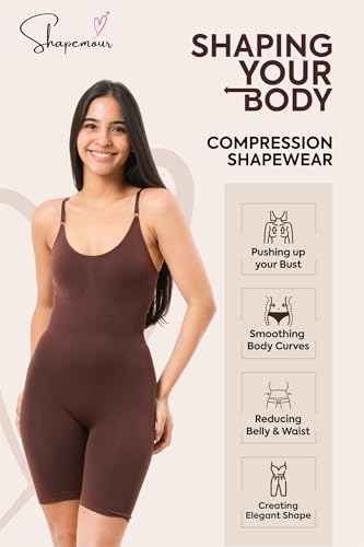 Image of SHAPEMOUR Mid Thigh Bodysuit Bodyshaper, Sculpting Design Shapewear for Women, Body Shaper with Silicone Grip, No Steel Bones for All Day Comfort, Smooth and Seamless Fit