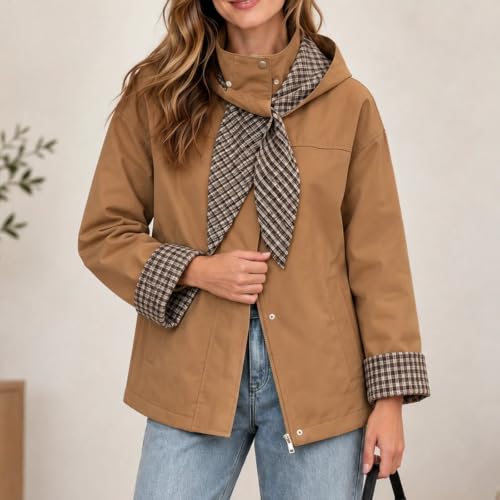 Cropped Trench Coat for Women Fall Winter Jacket with Plaid Hood - image 4