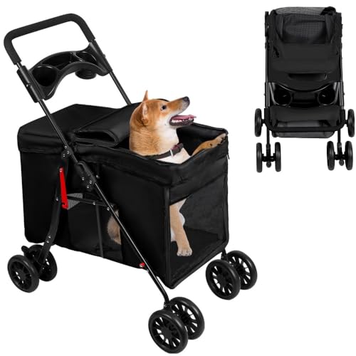 OHMG Passeggino cane gatto passeggino pieghevole cuscino incluso ruote con freno tessuto 600D Oxford acciaio per animali meno di 20 kg, 95 x 75 x 49 cm
