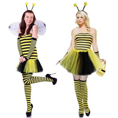 TYXHXTF 7PCS Bumble Bee Costume Set - Adults' Bee Dress with Antenna Headband, Sunglasses, Leg Sleeves and Long Gloves for Party, Cosplay