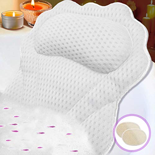 Bath Pillow RUVINCE Luxurious Bath Pillows for Tub Contains 2 Loofah Body Scrubber Ergonomic Bathtub Pillow for Neckï¼ŒHead & Shoulders