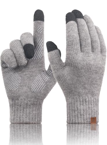 TRENDOUX Touchscreen Gloves for Men Women: Mens Cold Weather Warm Touch Screen Merino Wool Knit Gloves Non-slip Thermal Fleece Glove for Outdoor Driving Running Hiking Adult Gift Large Size Midgray