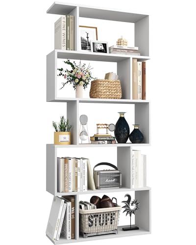 Yusong Bookshelf 5-Tier, Geometric Bookcase S Shaped Book Shelves for Bedroom, Modern Wood Decorative Display Shelf Book Case for Home Office, White
