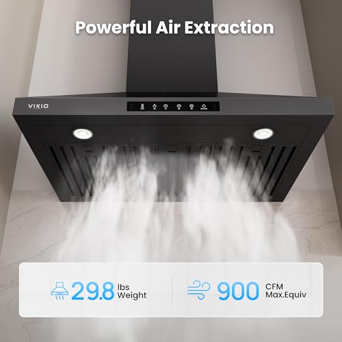 Image of VIKIO HOME Wall Mount 30 Inch Range Hood 900 CFM, Ductless /Ducted Convertible, 3-speed Gesture Sensing & Touch Control, Black Painted Stainless Steel Kitchen Vent Hood with Permanent Baffle Filters