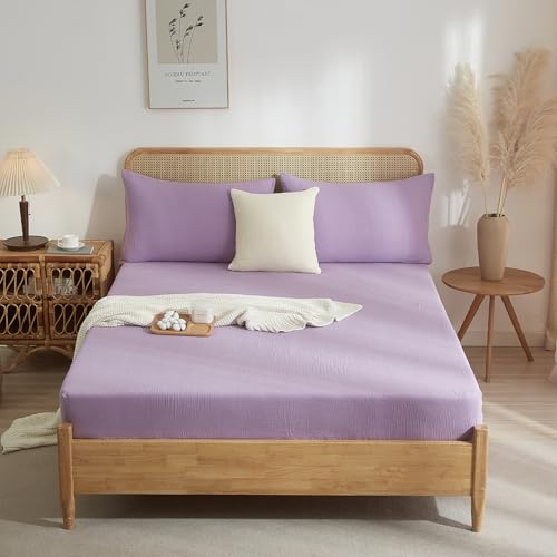 Luofanfei Sábana bajera ajustable de algodón de 200 x 200 cm, muselina lila, para colchón alto de hasta 25-30 cm