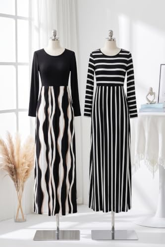 Image of AUSELILY Womens Long Sleeve Maxi Dress Casual Empire Waist with Pockets