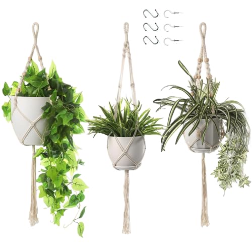 Makramee Blumenampel, 3 Stück Boho Deko Makramee Hängeampel mit Haken, Baumwollseil Hängepflanzen, Boho Zimmer Deko Aesthetic Hängeampel, Blumentopf Hängend für Innen Außen Decken Balkone Wand Deko