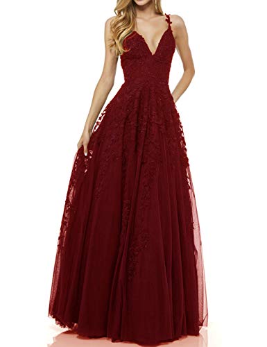 LuckyShe Damen Sexy V-Ausschnitt Abendkleider Ballkleid Elegant für Hochzeit Lang 2018 Weinrot Größe 34 Cover