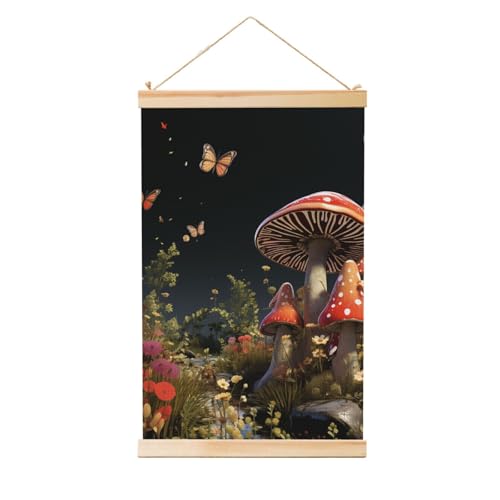 Poster suspendu champignons style conte de fées 50x75 cm en bois