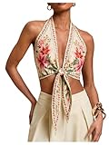 GORGLITTER Women's Floral Boho Halter Crop Tops Open Back Backless Western Vintage Retro Summer Going Out Outfits Pink Multicolor X-Small