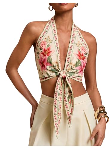 GORGLITTER Women's Floral Boho Halter Crop Tops Open Back Backless