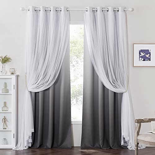 Image of PONY DANCE Blackout Curtains for Windows - Mix & Match Gradient Grey Ombre Curtains White Sheer Drapes Overlay Light Blocking for Sliding Glass Door, W 52 x L 95 inch, 2 PCs