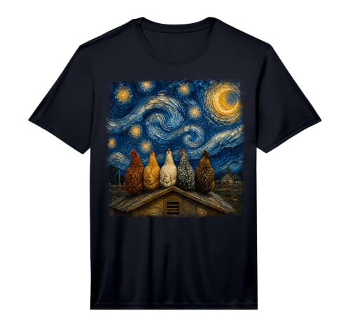 Men's Chickens On Coop Roof Starry Night Painting Performance T-Shirt