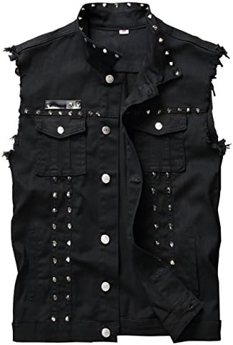 DSDZ Men's Punk Denim Vest Sleeveless Jean Jackets With Rivets (M=Tag XL(asian XL), Black)