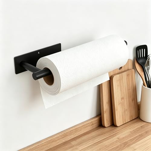 Image of Paper Towel Holder, Under Cabinet Paper Towel Roll Holder Self Adhesive or Drilling, Wall Mounted Matte Black Paper Towel Rack for Kitchen, Bathroom, SUS304 Stainless Steel